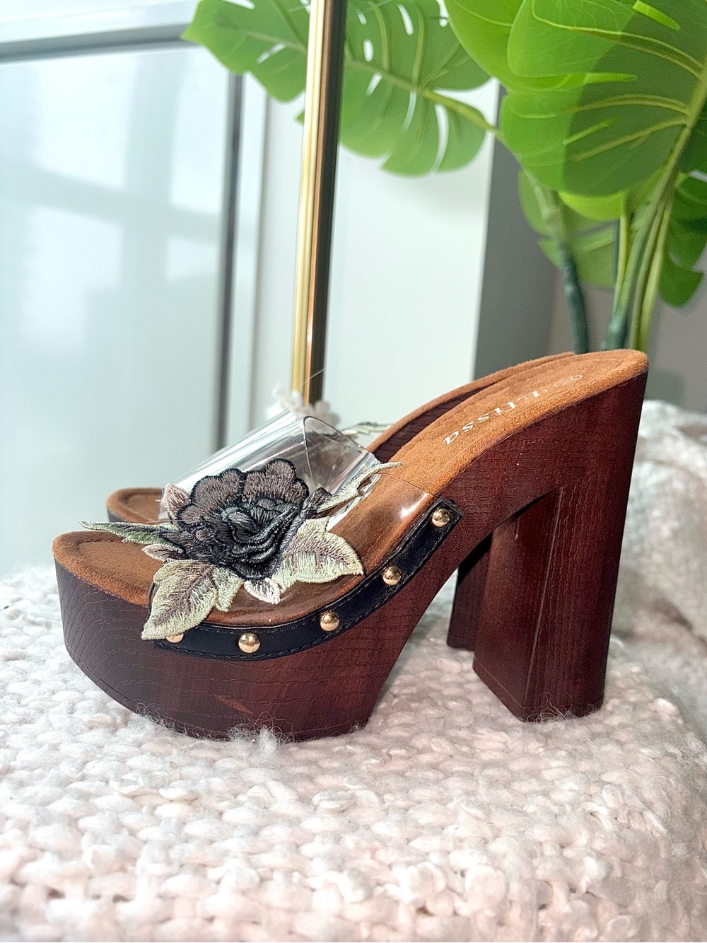 Y2K Boho Floral Clear Platform Mules 70s Chunky Heels Size 36